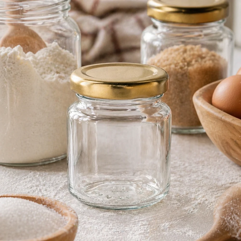 53ml UNiTWIST rond potje met gouden deksel voor gebruik in de keuken naast meel en bakingrediënten als voorraadpotje