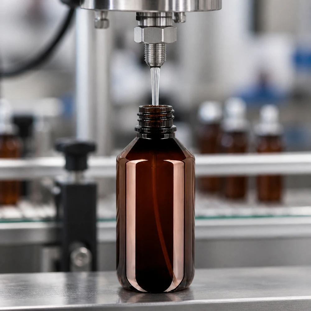 200 ml PET medicijnfles met verstuiver zwart GCMI 28/410 incl. dop transparant, standaard Serienfertigung brauner 200ml PET Flaschen mit schwarzem Zerstäuber auf Edelstahlförderer