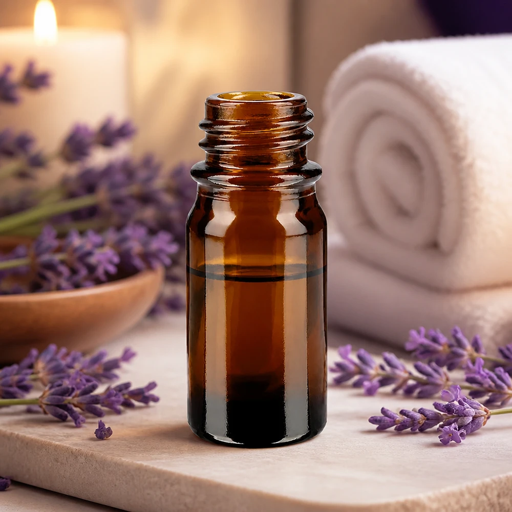 5ml bruin apothekersflesje ApoGlas met lavendel en spa accessoires voor aromatherapie en essentiële oliën
