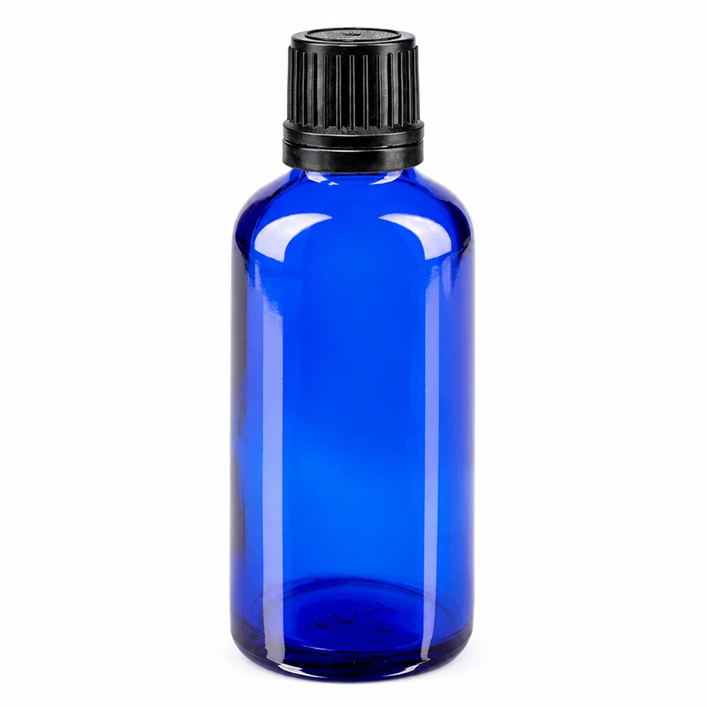 Blauwe glazen flessen 50ml met zwart schroefsluiting uitgietring VR Ronde blauwe glazen fles van 50 ml met zwarte originele dop, ideaal voor etherische oliën en tincturen