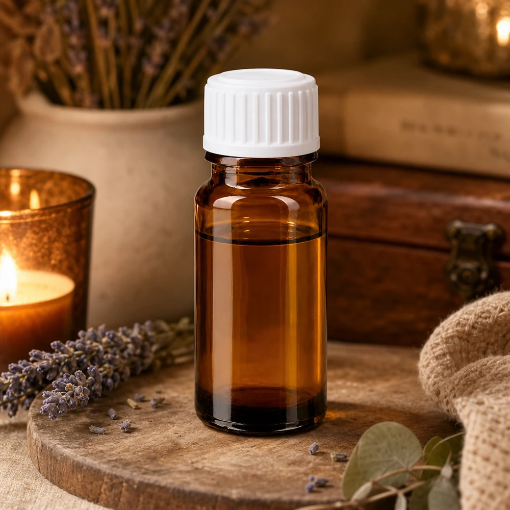 Bruine glazen fles 10ml met wit schroefsluiting St Lichtbeschermende fles van bruin glas, 10 ml, met witte dop, voor het veilig bewaren van oliën