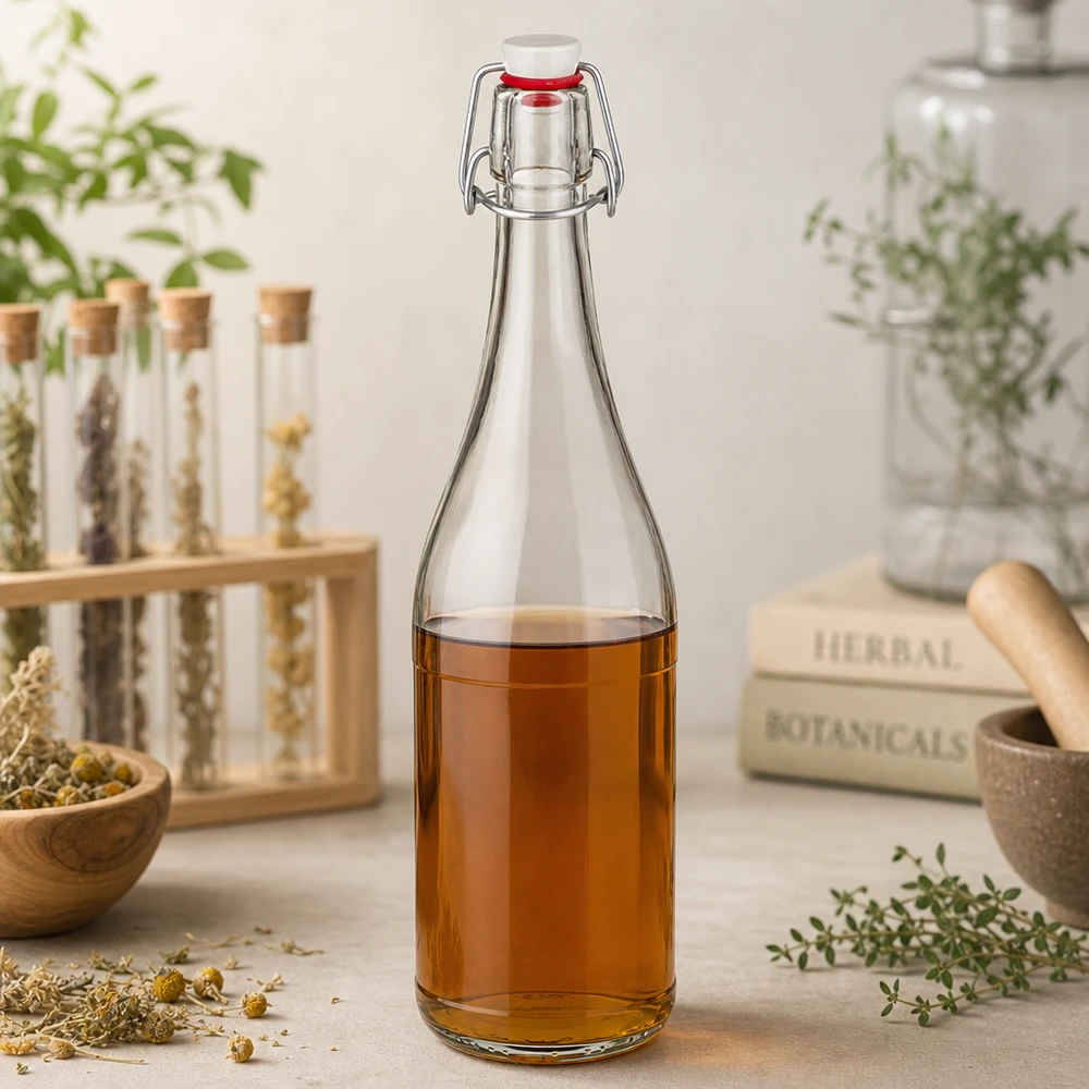 750ml glazen fles met draaidop gevuld met kruidenthee medicinale kruiden botanicals stilleven natuurlijke ingrediënten