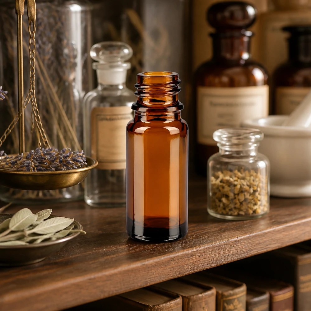 10ml bruin apothekersflesje ApoGlas met vintage apothekersweegschaal en geneeskrachtige kruiden op een houten plankje