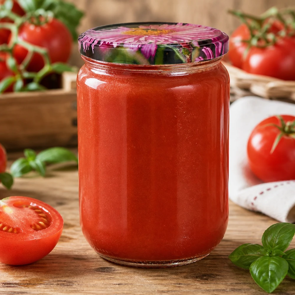 555 ml rond glas + BasicSeal-deksel ‘Blüte’ UNiTWIST UniTwist 555 ml ronde glazen pot, luchtdicht gevuld met tomatenpuree, naast basilicumblaadjes en tomaten