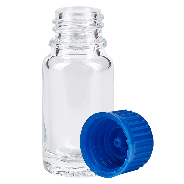 10ml flesje 11mm SV blauw STD ClearLine UT18/10 10 ml ClearLine-glazen flesje UT18/10 met blauwe druppeldop, 11 mm schroefdraad, geopend