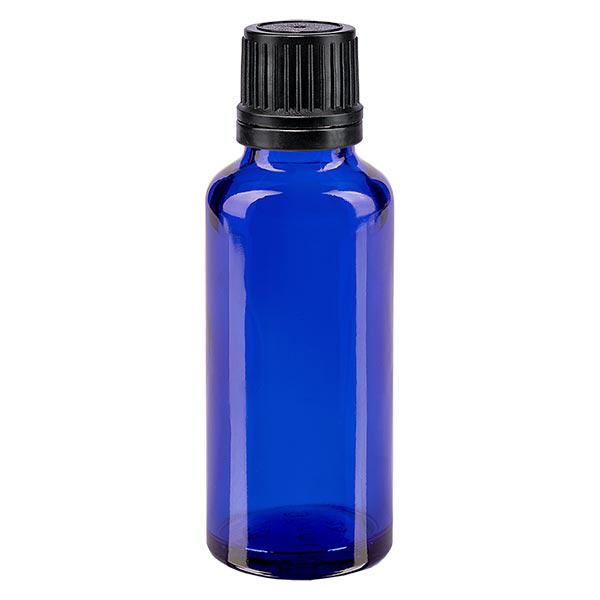 Blauwe glazen flessen 30ml met zwart schroefsluiting uitgietring VR Blauwe glazen flessen 30ml met zwart schroefsluiting uitgietring VR