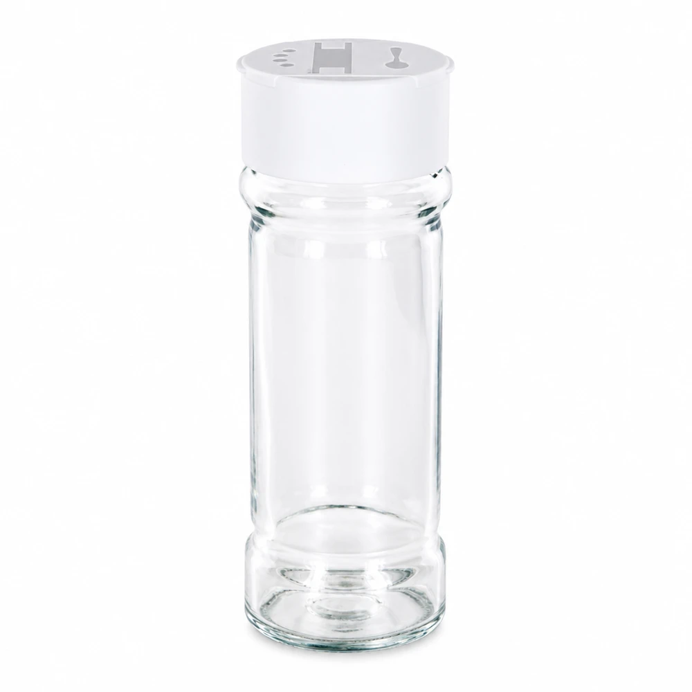 Zout-/kruidenpotje 100 ml met dubbele strooier, wit Lege kruidenpot van 100 ml van helder glas met een wit deksel met dubbele strooier
