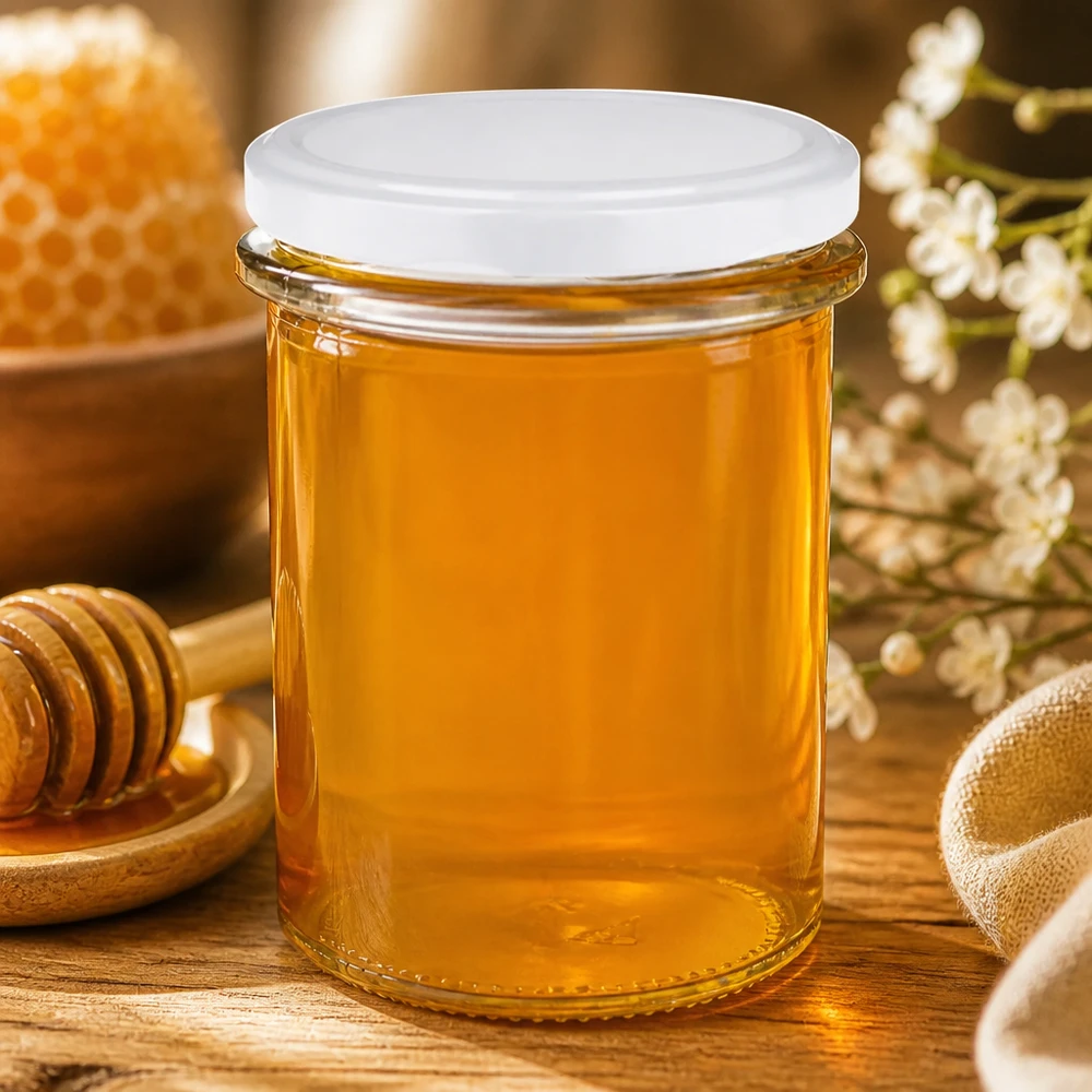 Handig draaidekselglas van 214 ml met witte BasicSeal-deksel voor honing en jam