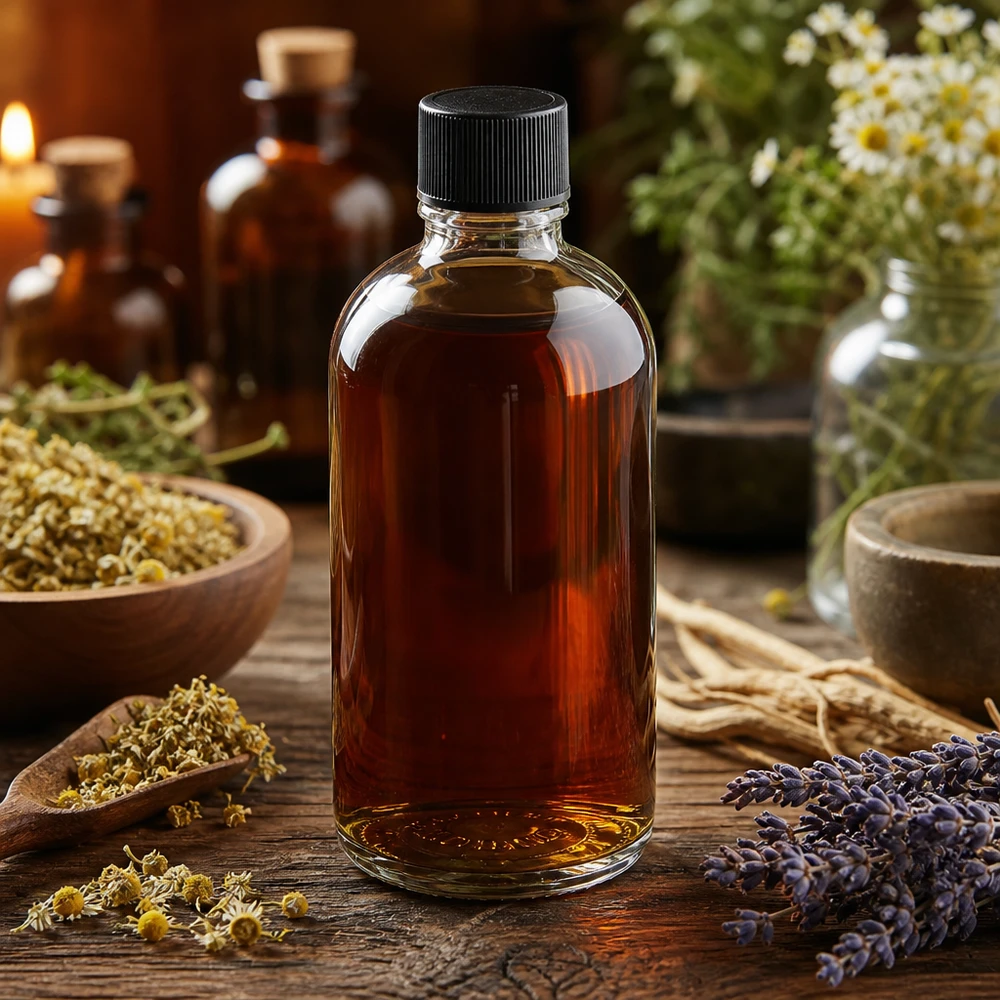 Amberkleurige kruidenolie in een ClearLine-druppelfles van 100 ml met zwarte schroefdop en houten ondergrond