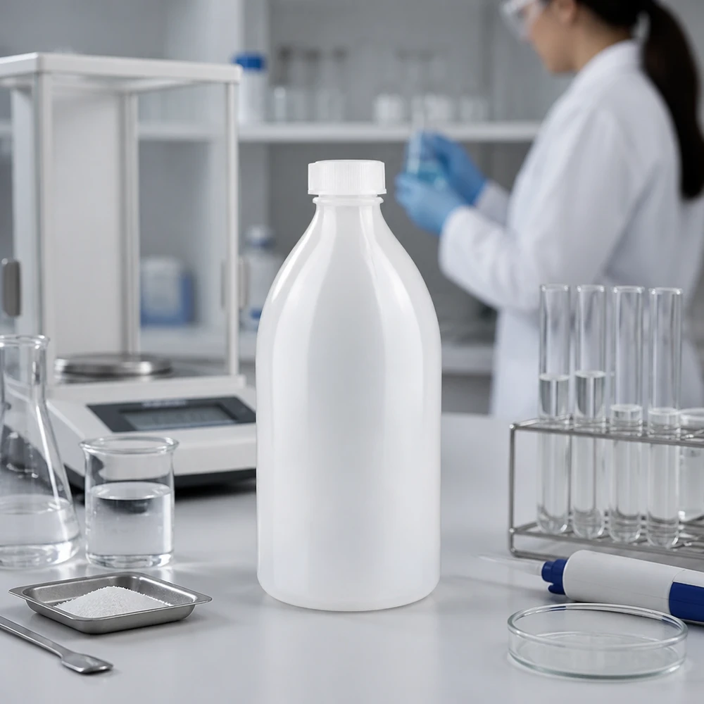 Nauwe hals laboratoriumfles 500ml met schroefsluiting Laboraufbau mit 500ml Enghals Schraubflasche Metallschale Pulver und Pipette
