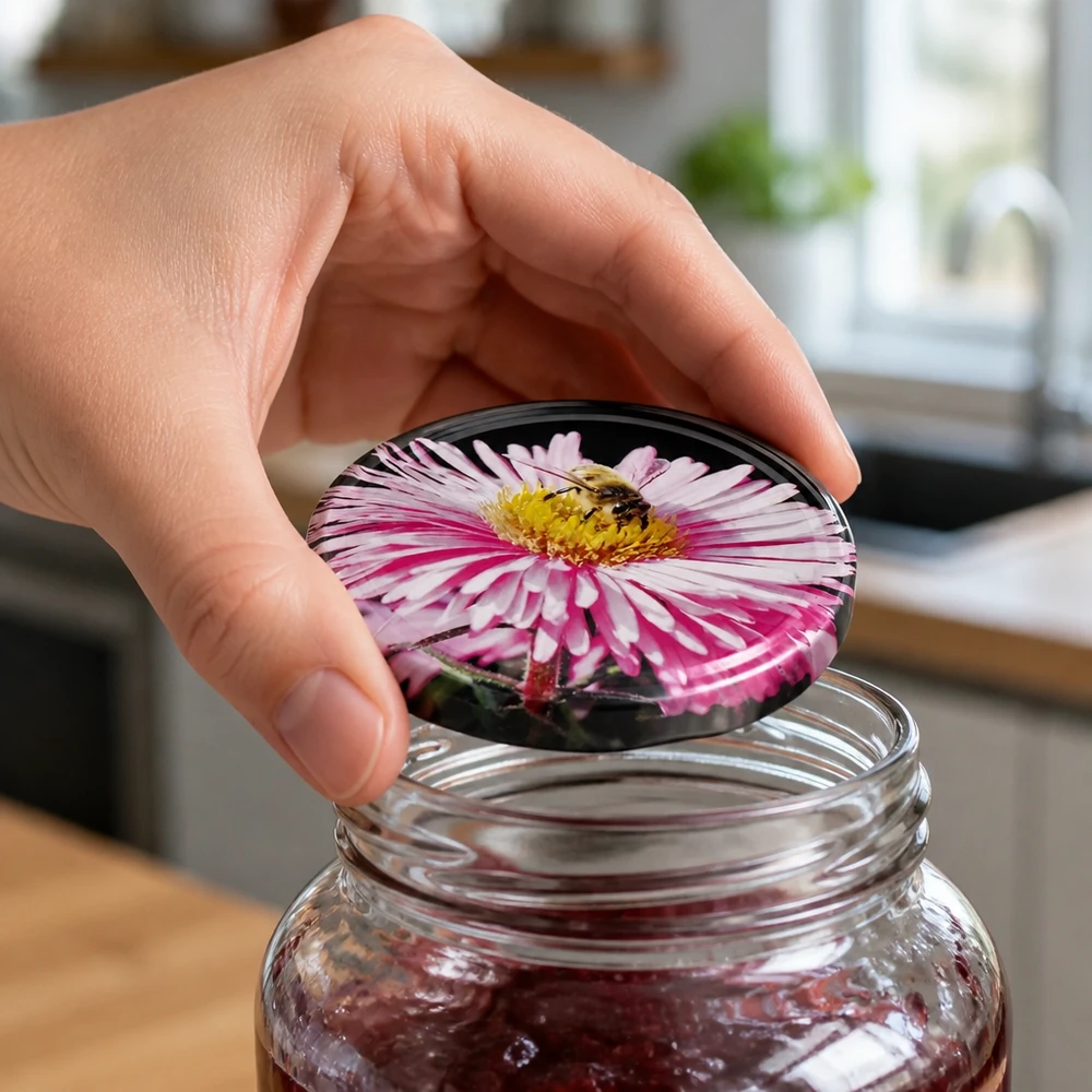 Decoratief twist-off glazen deksel met bloemmotief, 82 mm, BasicSeal, met bijenmotief in roze en geel