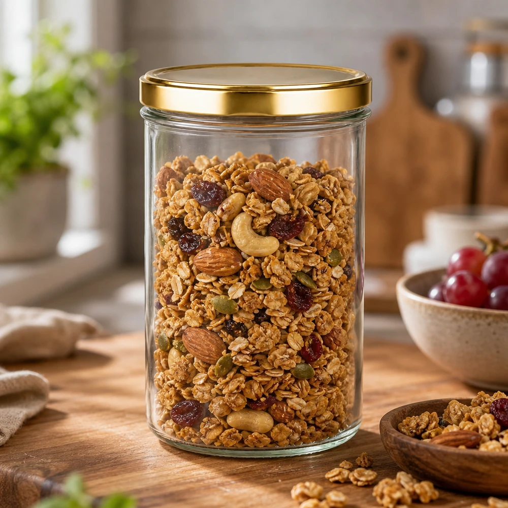 277ml mason jar met gouden UNiTWIST deksel gevuld met muesli, noten en gedroogd fruit als voorraadpot in de keuken