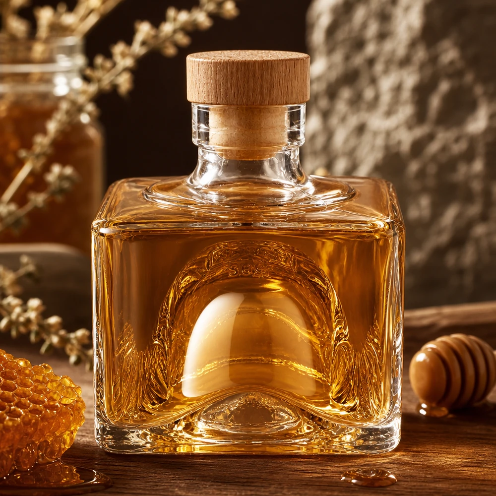 200 ml glazen fles Bob met houten kurk met handvat UNiTWIST® 200ml Glasflasche Bob mit Honig befüllt und Holzkorken, rustikale Küchenszene mit Waben und Honiglöffel