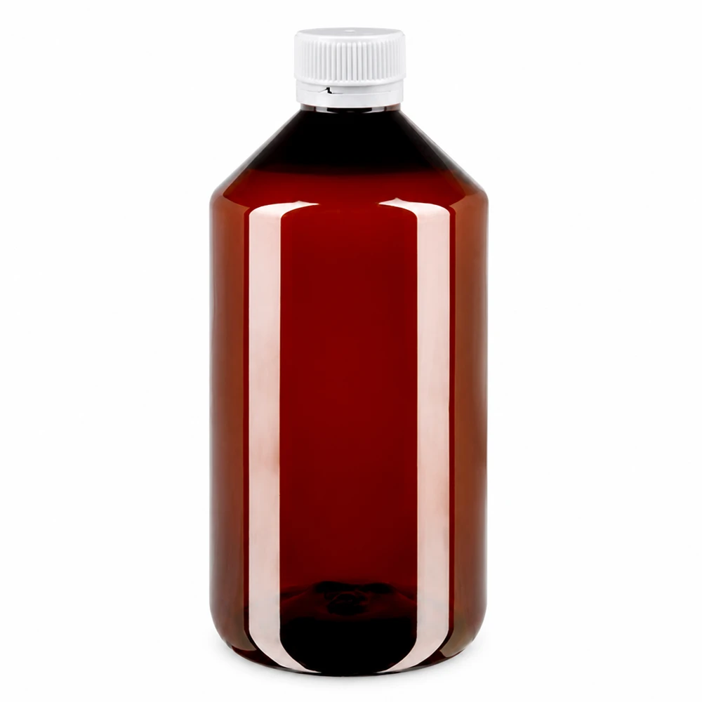PET fles 750ml met witte verzegelde dop, geribbeld Hoogwaardige ronde PET-fles van 750 ml in bruinglas-look met een geribbelde witte dop