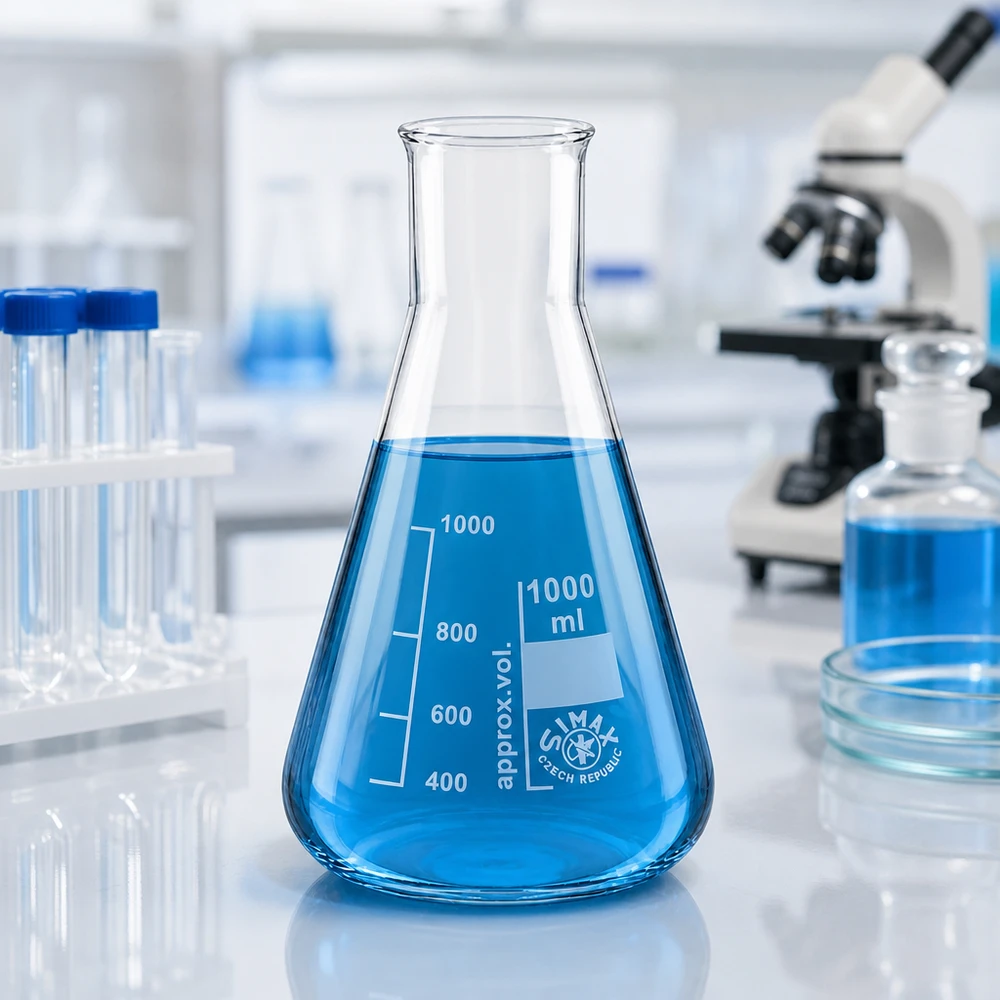 Erlenmeyer 1000ml wijde hals borosilicaat met afgeronde rand Erlenmeyer 1000ml wijde hals borosilicaat met afgeronde rand