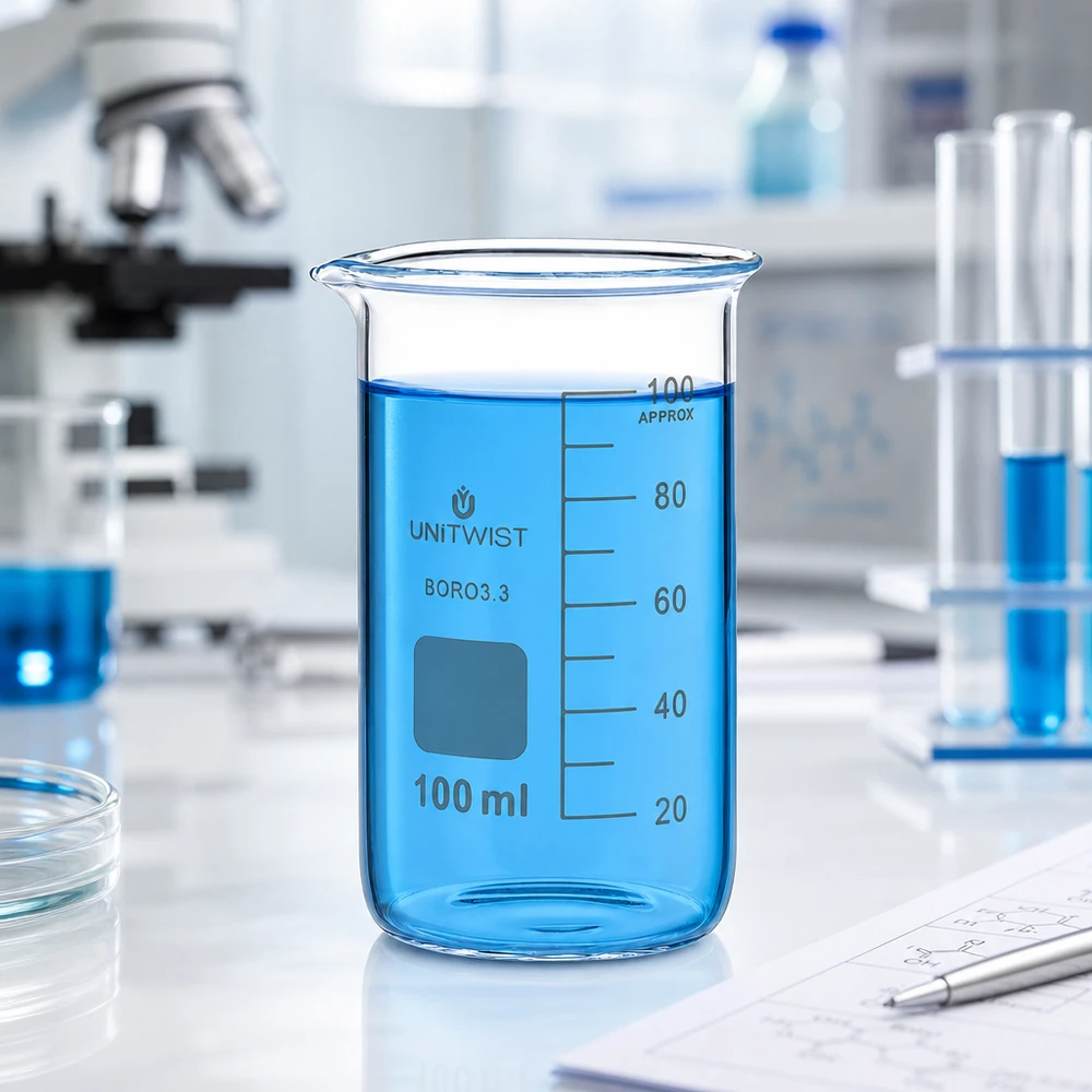 Chemie-laboratoriumbenodigdheden: bekerglas van 100 ml, hoog model, van borosilicaatglas 3.3, met opschrijfveld