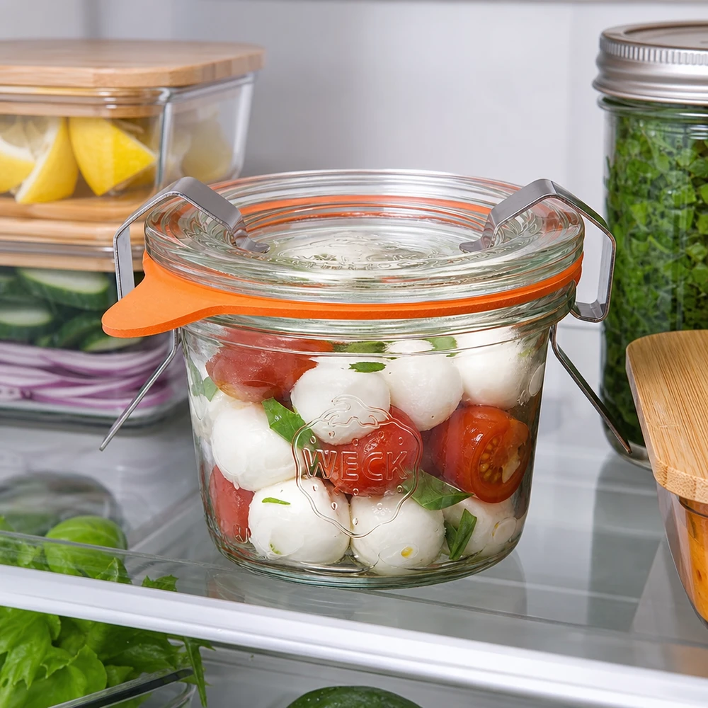 WECK 35ml RR40 glazen pot gevuld met Caprese salade in de koelkast toont praktische opslag van vers voedsel