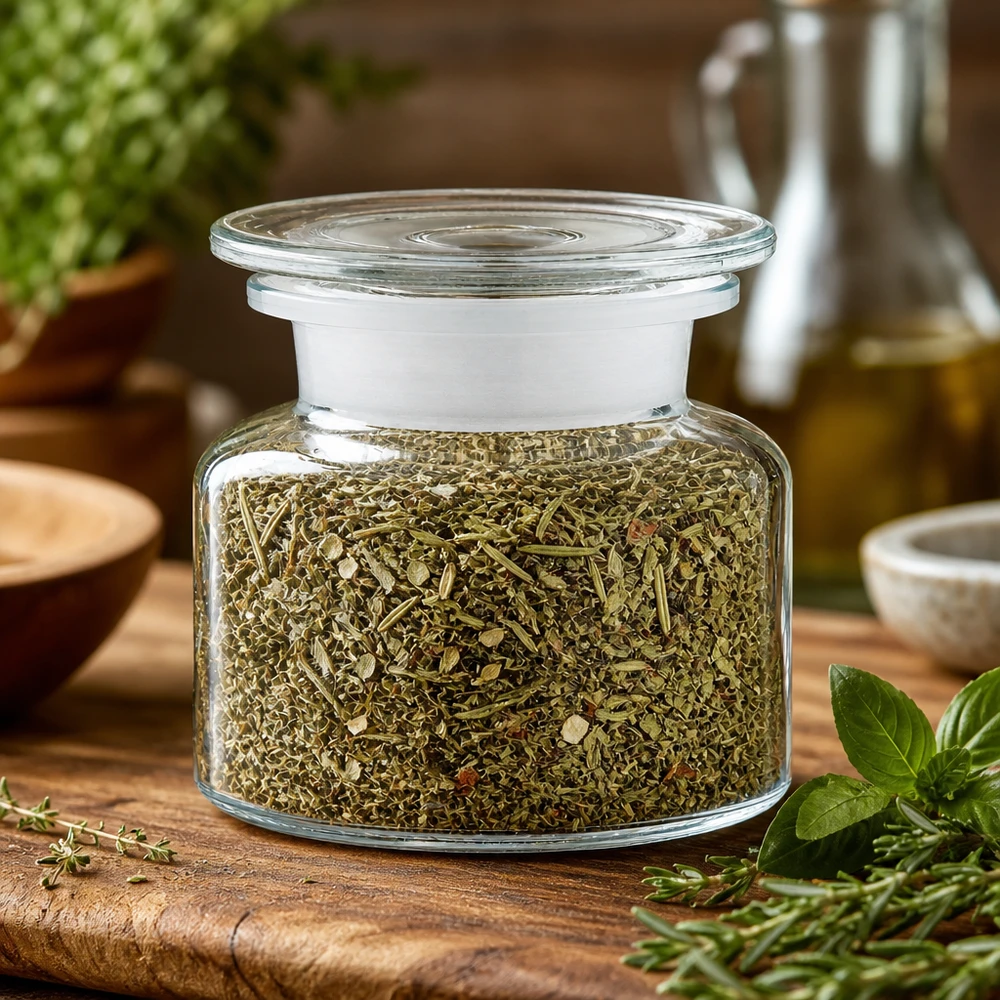 Apothekersfles van 100 ml, helder glas, voor het bewaren van kruiden met een Italiaanse kruidenmix