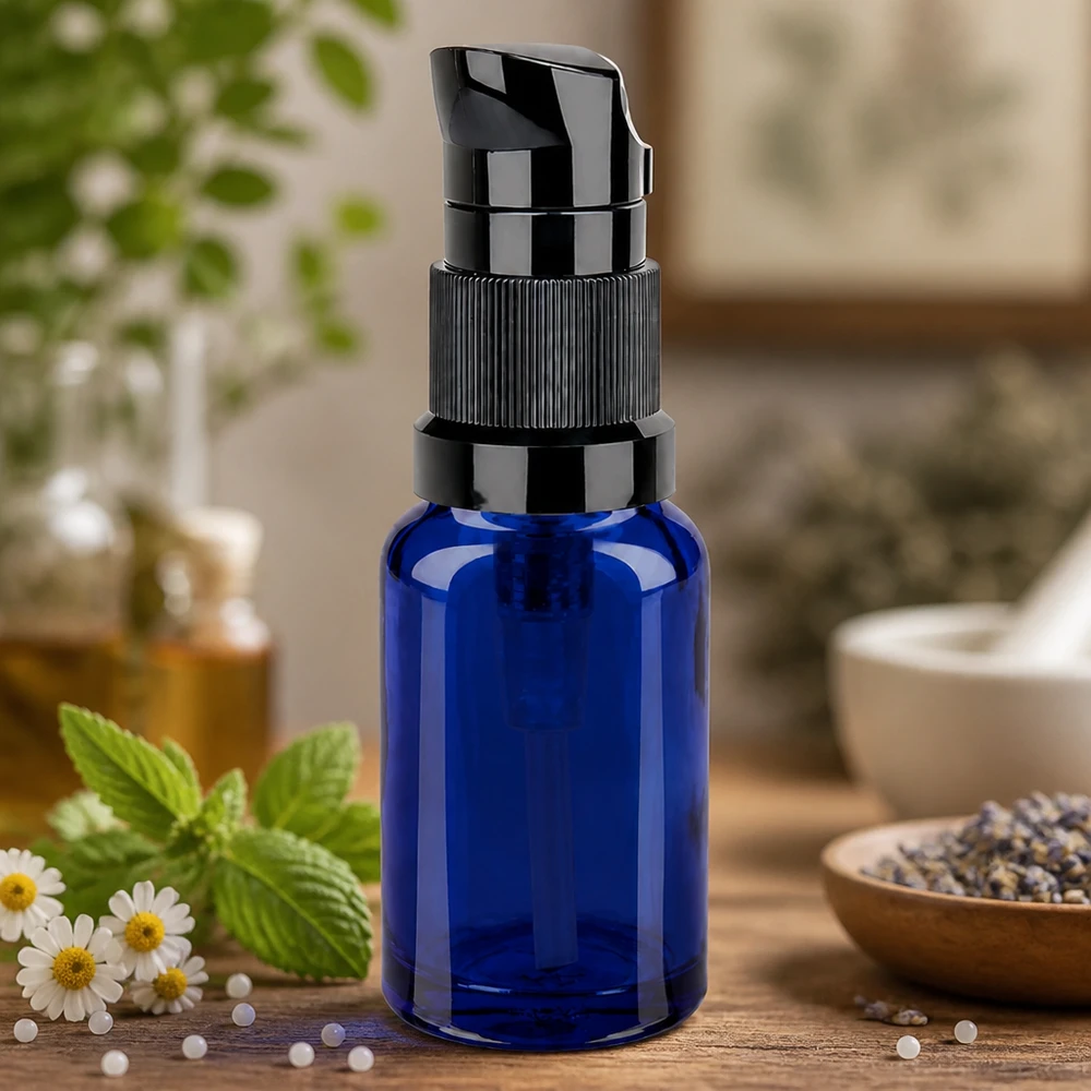 10ml pompflacon zwart STD BlueLine UT18/10 Stijlvol glazen flesje van 10 ml met robuust zwart pompje STD BlueLine UT18/10 voor doe-het-zelfcosmetica