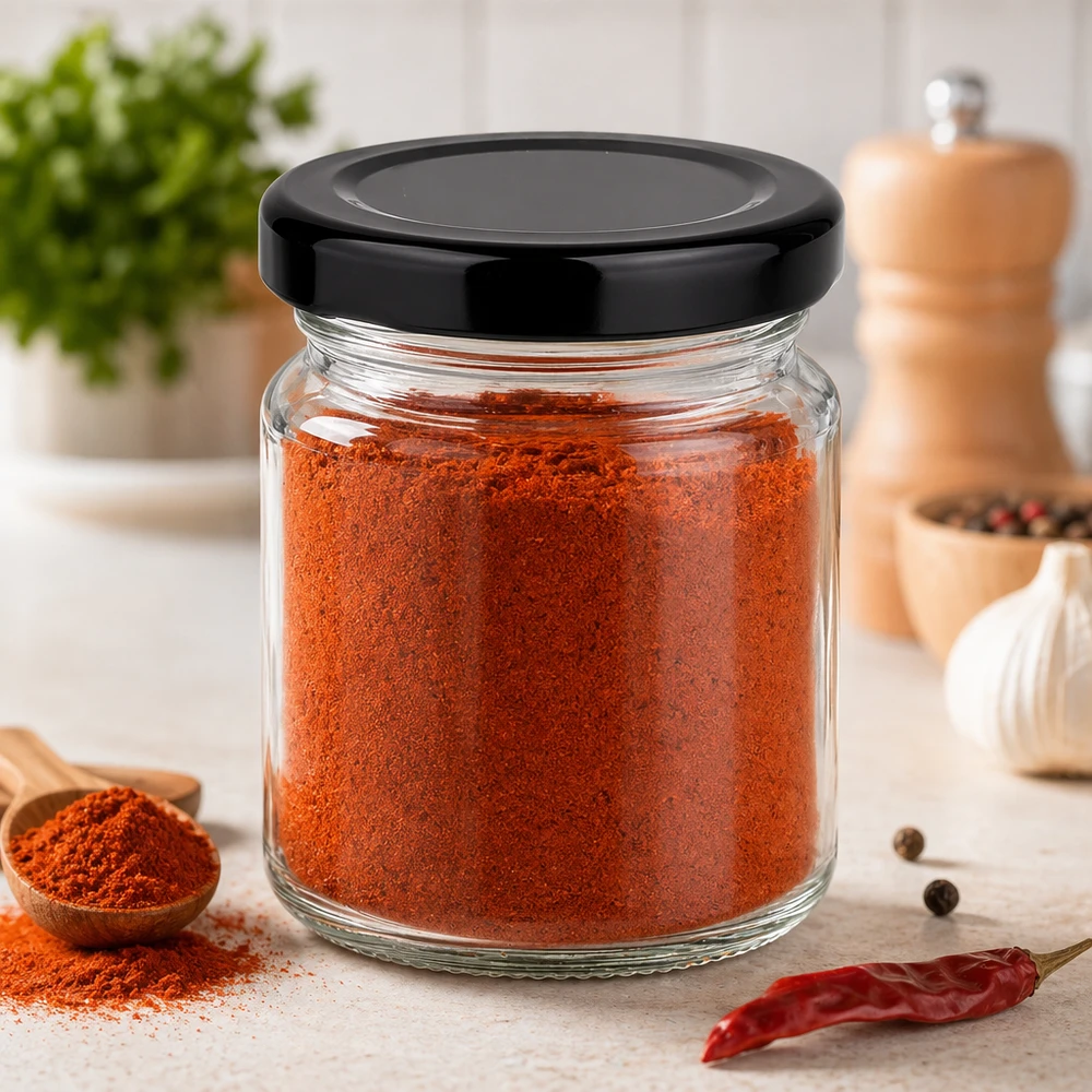 53 ml rond potje met zwart deksel gevuld met rood paprikapoeder in moderne keuken kruidenopberger