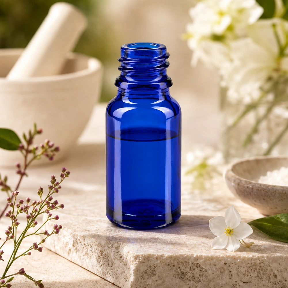 Hoogwaardige glazen fles van 10 ml in klassiek apothekersblauw voor het steriel bewaren van vloeistoffen