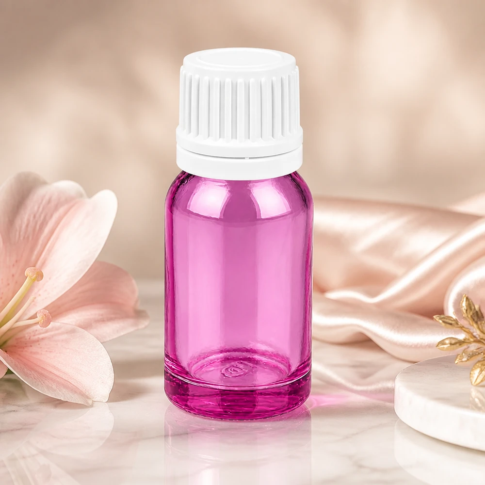 Stijlvol glazen flesje van 10 ml in paars met witte schroefdop voor doe-het-zelfcosmetica en mengsels