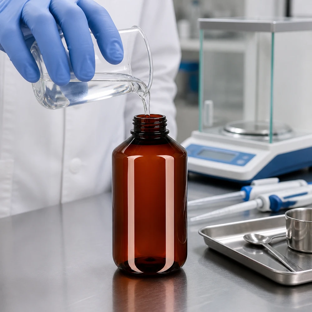 Een laboratoriummedewerker met handschoenen aan vult een bruine plastic fles met een doorzichtige vloeistof