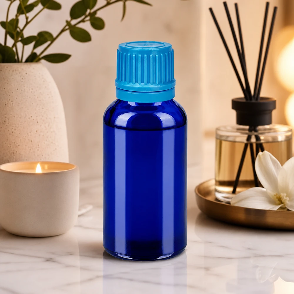 30ml flacon 11mm SV blauw OV BlueLine UT18/30 Klein glazen flesje 30ml perfect reisformaat voor op reis en handbagage