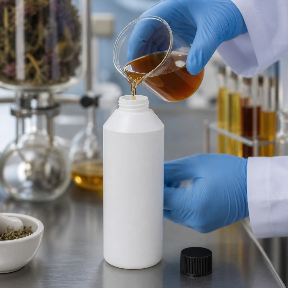 Stevige witte ronde fles van 250 ml, gemaakt van HDPE-kunststof, met een lekvrije zwarte schroefdop