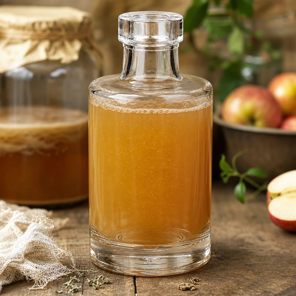 100 ml glazen fles Marie zonder sluiting UNiTWIST® 100ml glazen fles Marie gevuld met appelsap naast verse appels en een rustieke houten mand in een natuurlijke keukenscène