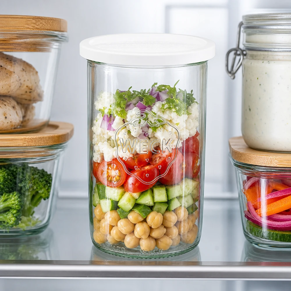 1000ml stortglas met vershouddeksel WECK RR100 WECK 1000ml RR100 pot met gelaagde salade van kikkererwten, komkommer en tomaten toont maaltijdvoorbereiding in de koelkast