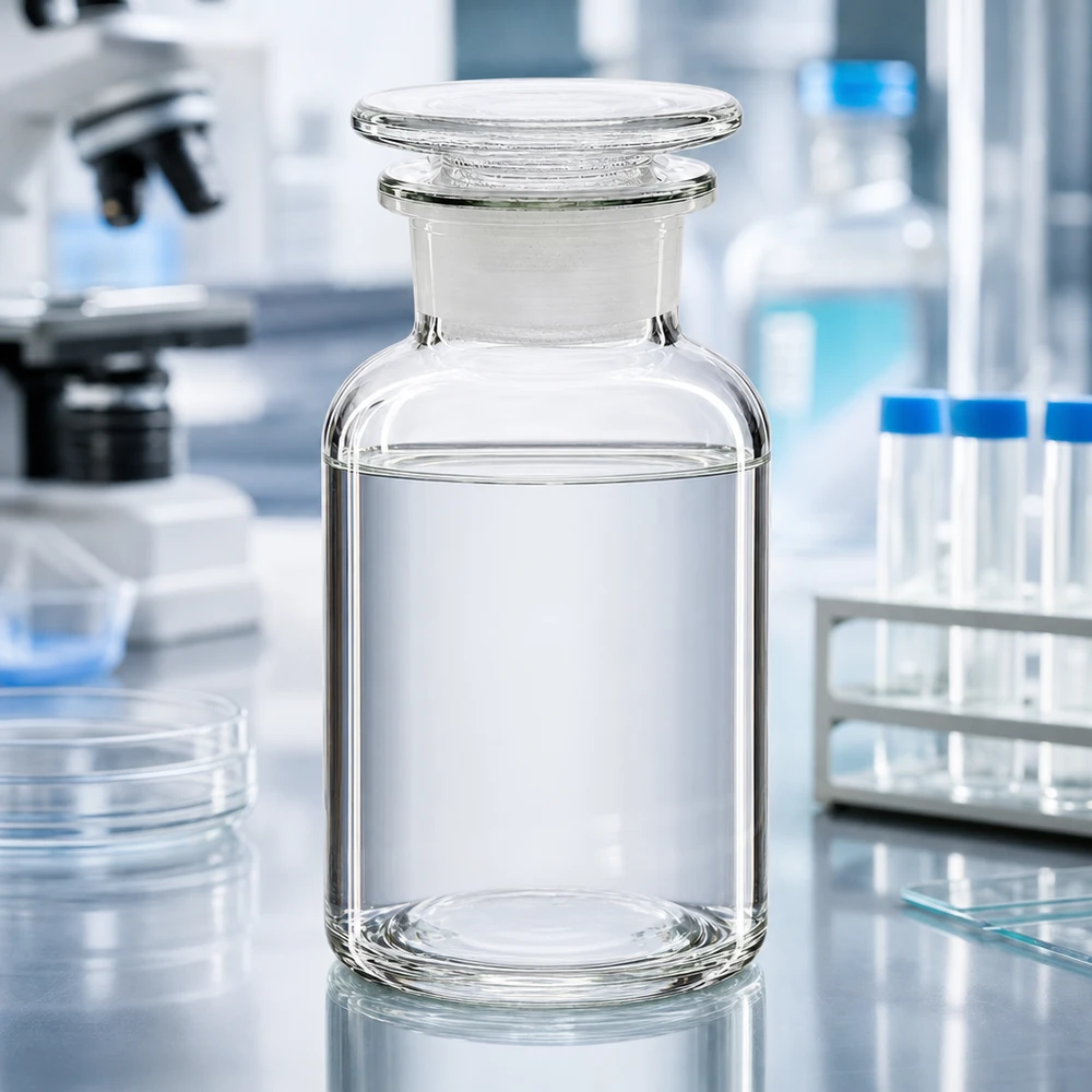 Doorzichtige laboratoriumfles van 250 ml met brede hals en een glazen deksel op een reflecterend oppervlak