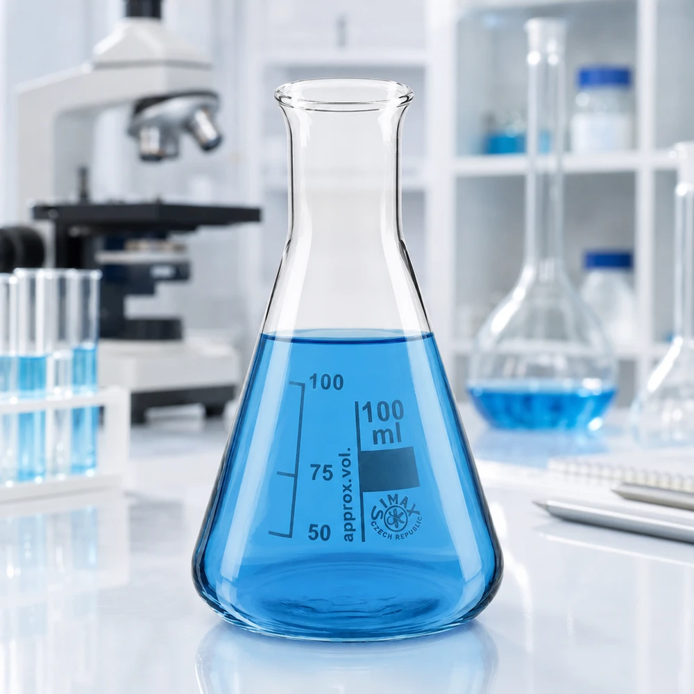 Laboratoriumapparatuur Erlenmeyer 100ml met smalle hals tussen reageerbuizen en wetenschappelijke apparatuur