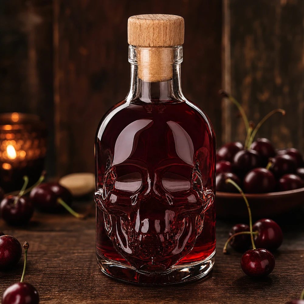 200 ml glazen fles Jack met rode kersenvloeistof en houten kurk, omringd door verse kersen