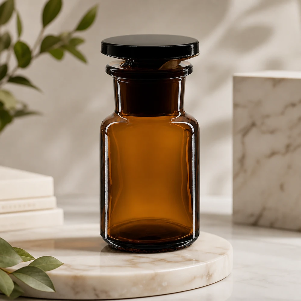 Vintage apothekersfles, bruin, 50 ml, brede hals, met ronde glazen stop, minimalistisch ontwerp