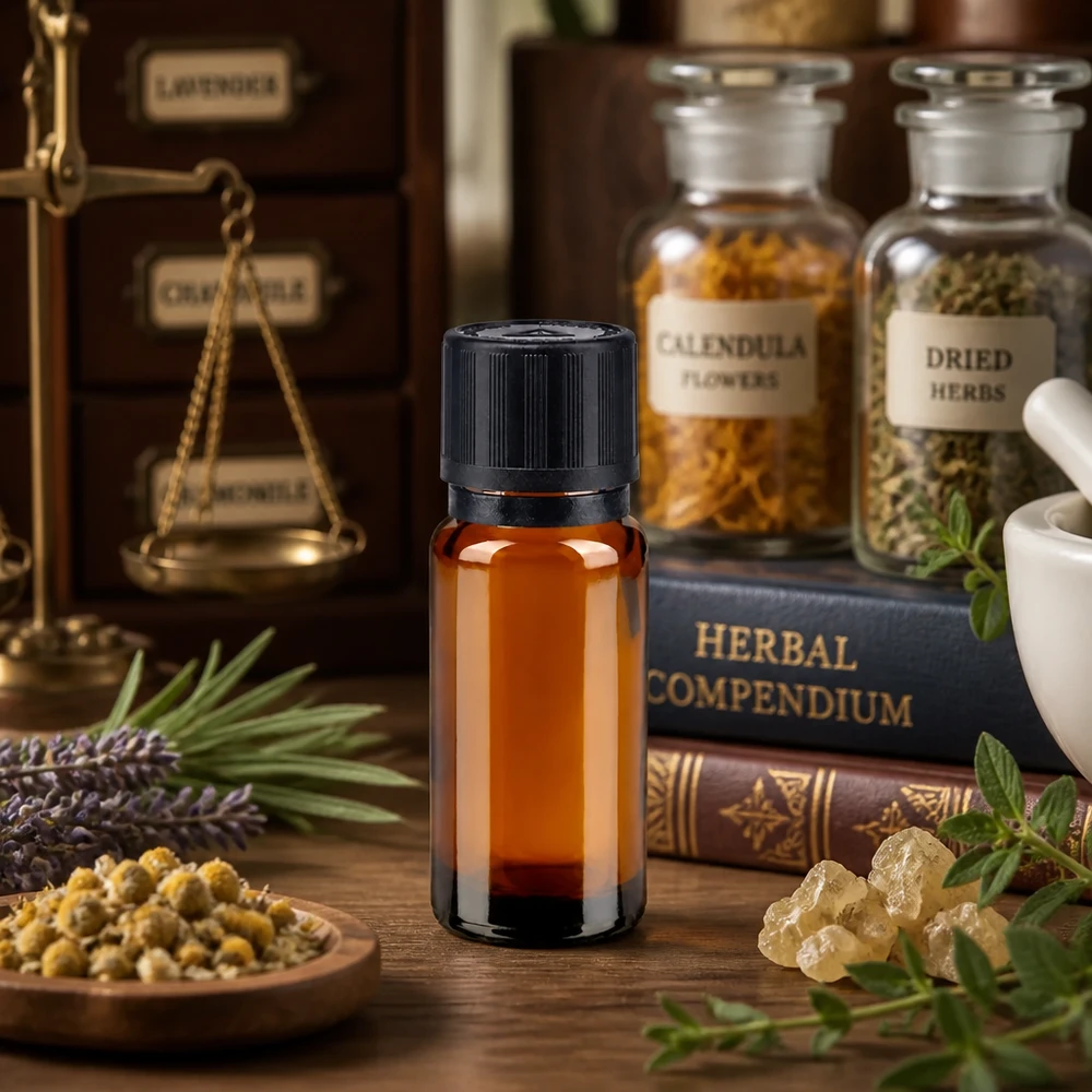 Bruine glazen fles 10ml met zwart druppelsluiting 1mm kinderslot Bliw. VR Amberkleurig glasflesje van 10 ml met blister-veiligheidssluiting, tussen de kamille-, rozemarijn- en geneeskrachtige kruidenflesjes
