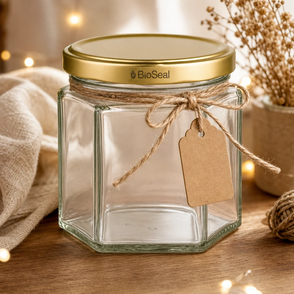 UNiTWIST Hexa47 glazen pot met gouden BioSeal deksel en cadeaulabel in een gezellige woonsfeer