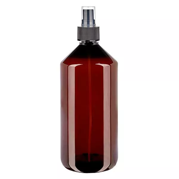 1000 ml PET medicijnfles met verstuiver zwart GCMI 28/410 incl. dop transparant, standaard 1000 ml PET medicijnfles met verstuiver zwart GCMI 28/410 incl. dop transparant, standaard