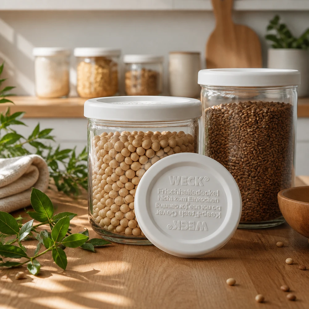 WECK RR40 voedselopslagdeksel in keuken met voorraadpotten vol peulvruchten voor optimale voedselopslag