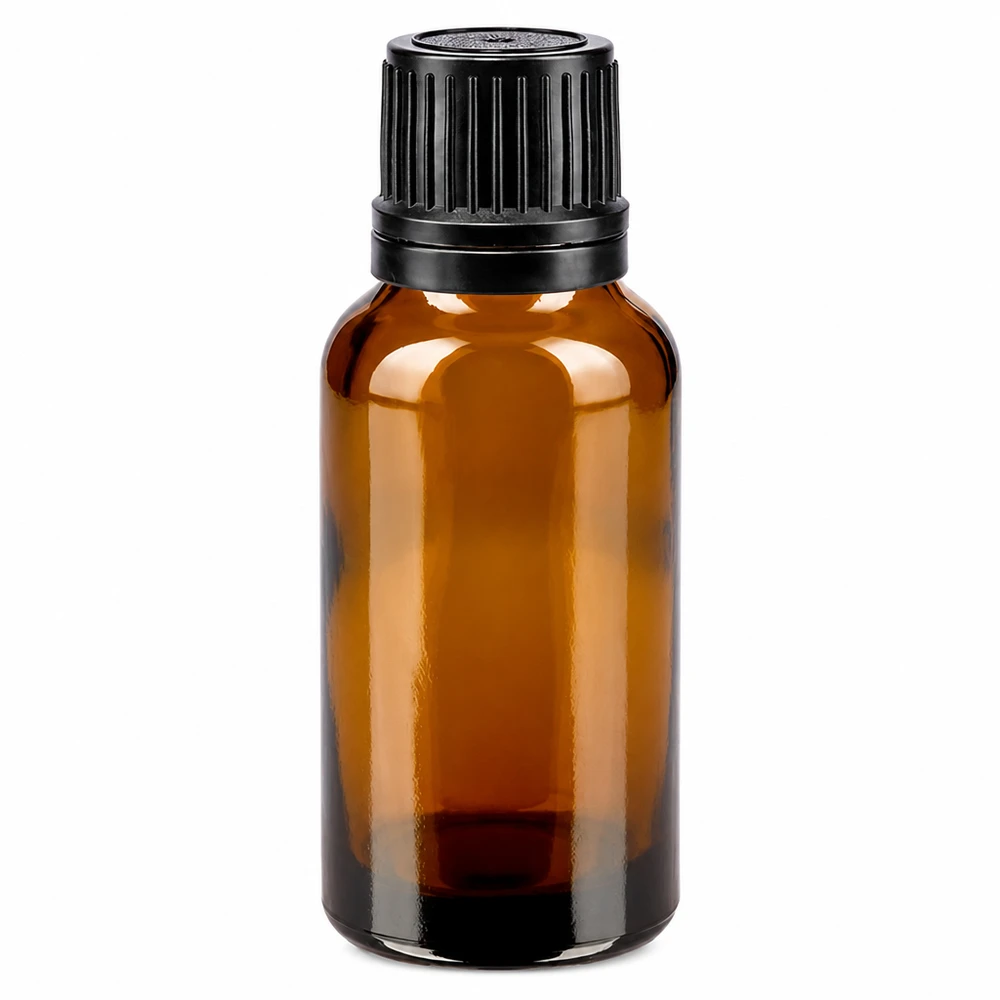Bruine glazen fles 20ml met zwart schroefsluiting uitgietring VR Farmaceutisch flesje van 20 ml van bruin apothekersglas met een zwarte doseerdop van 8 mm