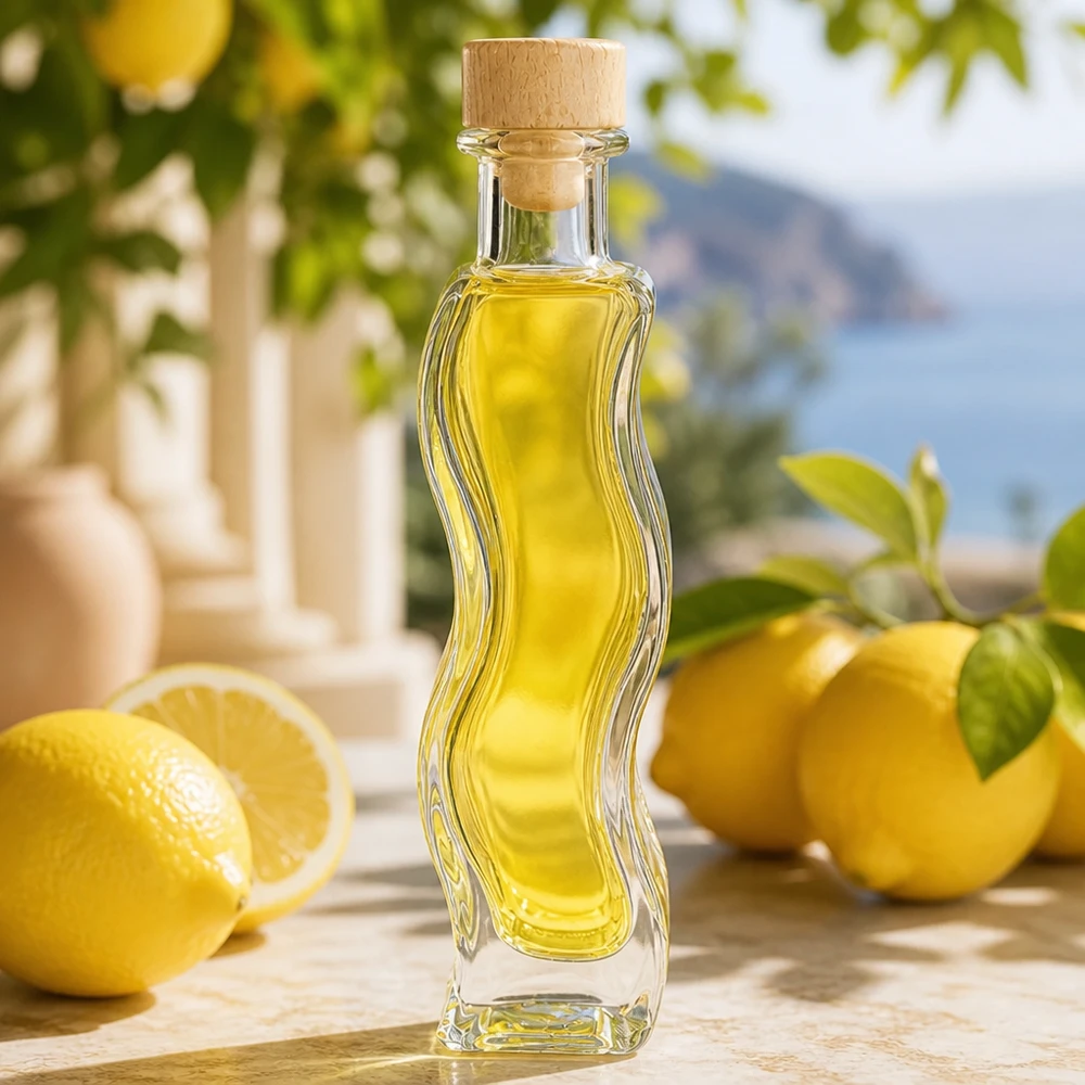 Glazen fles Melissa 100ml gevuld met gele olie naast citroenen mediterrane sfeer kurkstop