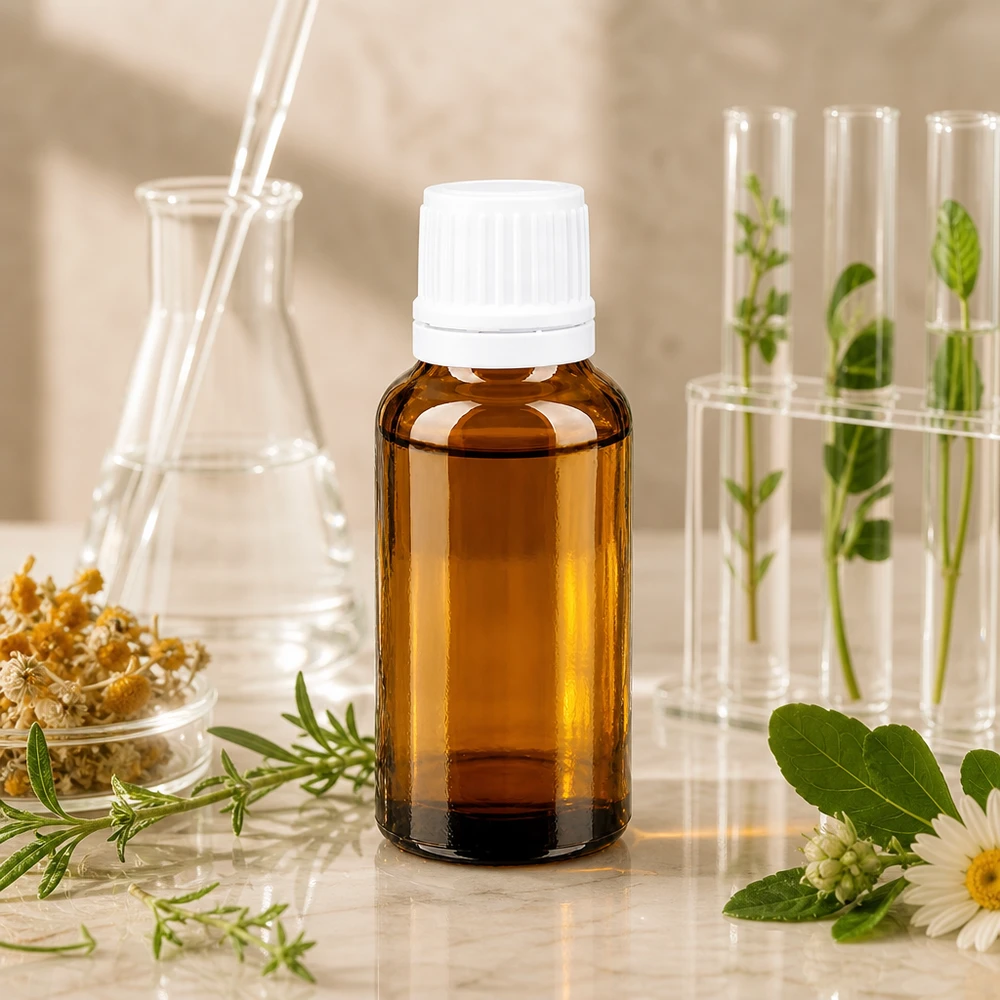 Bruine apothekersfles van 20 ml met witte schroefdop, ideaal voor kruidenmiddelen