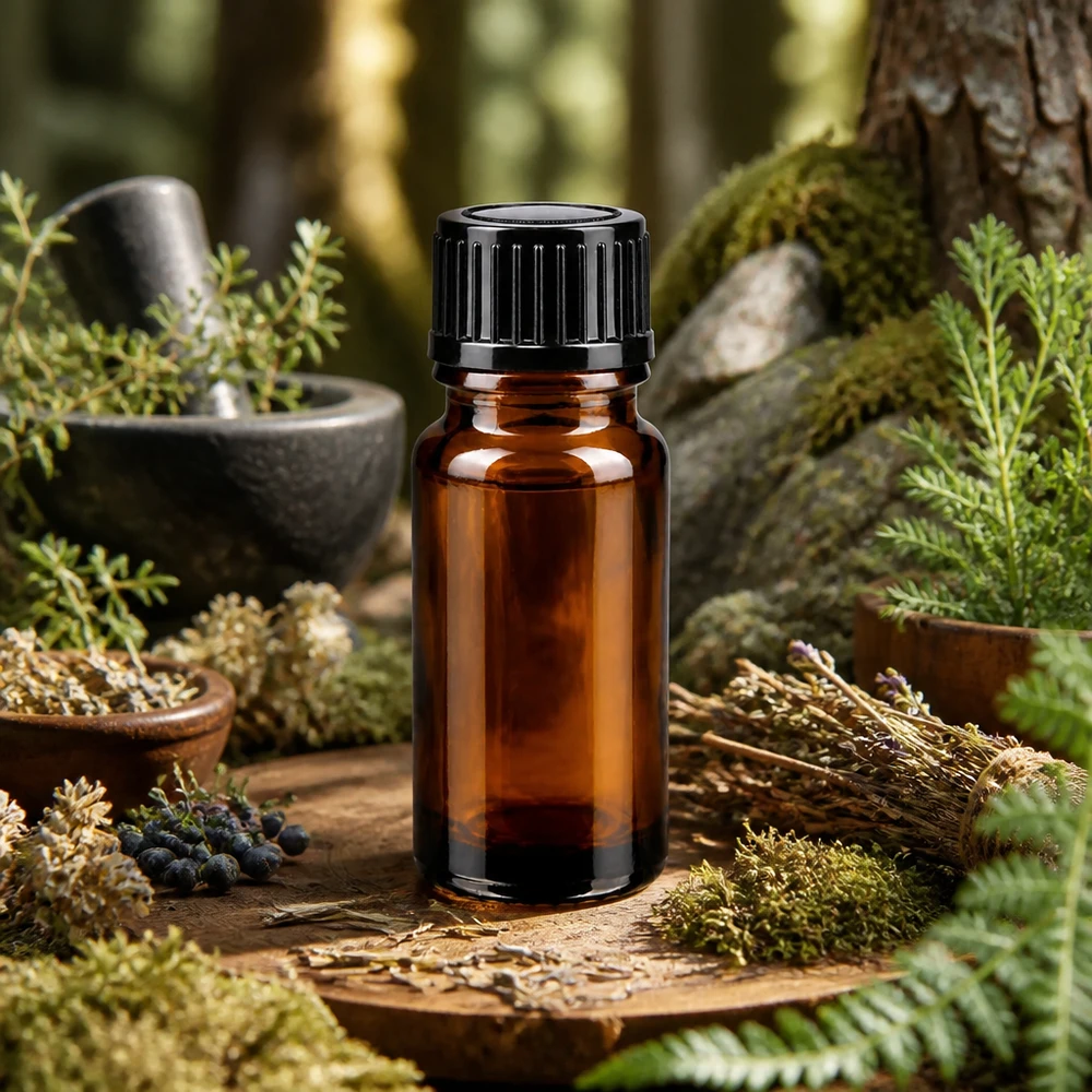 Bruine glazen fles 10ml met zwart druppelsluiting 1mm St Flesje etherische oliën van 10 ml, bruin glas, zwarte dop, met thuja en wilde kruiden