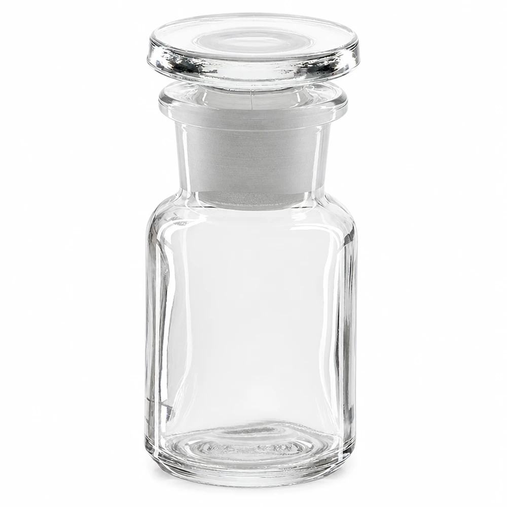 Apothekersflesje van 50 ml, van transparant glas, met brede hals en bijpassende glazen stop