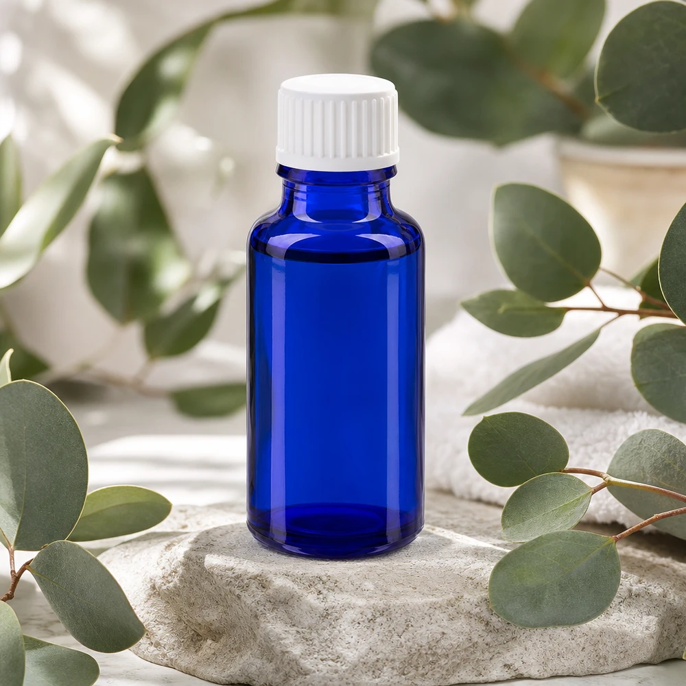 Blauwe glazen flessen 20ml met wit schroefsluiting globuli uitgietring St Blauw glazen flesje van 20 ml, type GR STD, met een opening van 3 mm en een witte apothekerssluiting