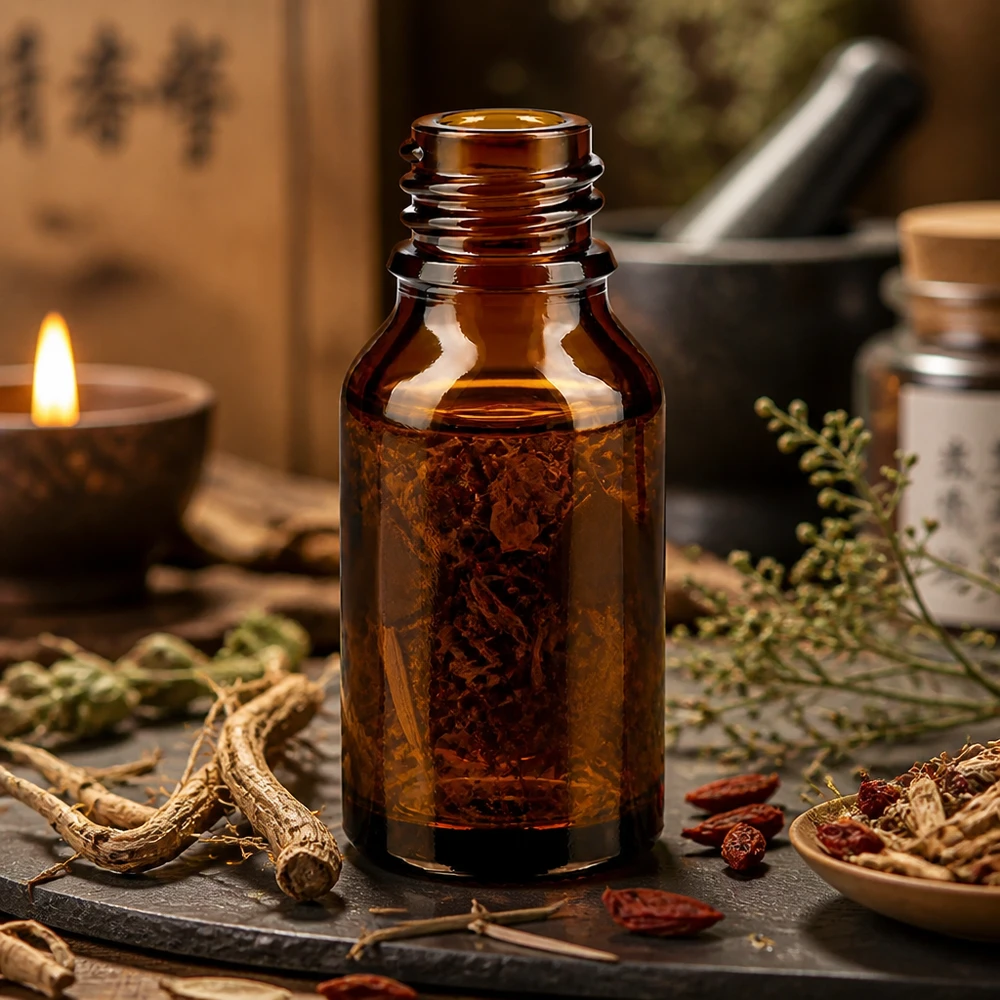 30ml bruine apothekersfles hoge vorm ApoGlas met kruidentinctuur wortels kruiden traditionele geneeskunde sfeer