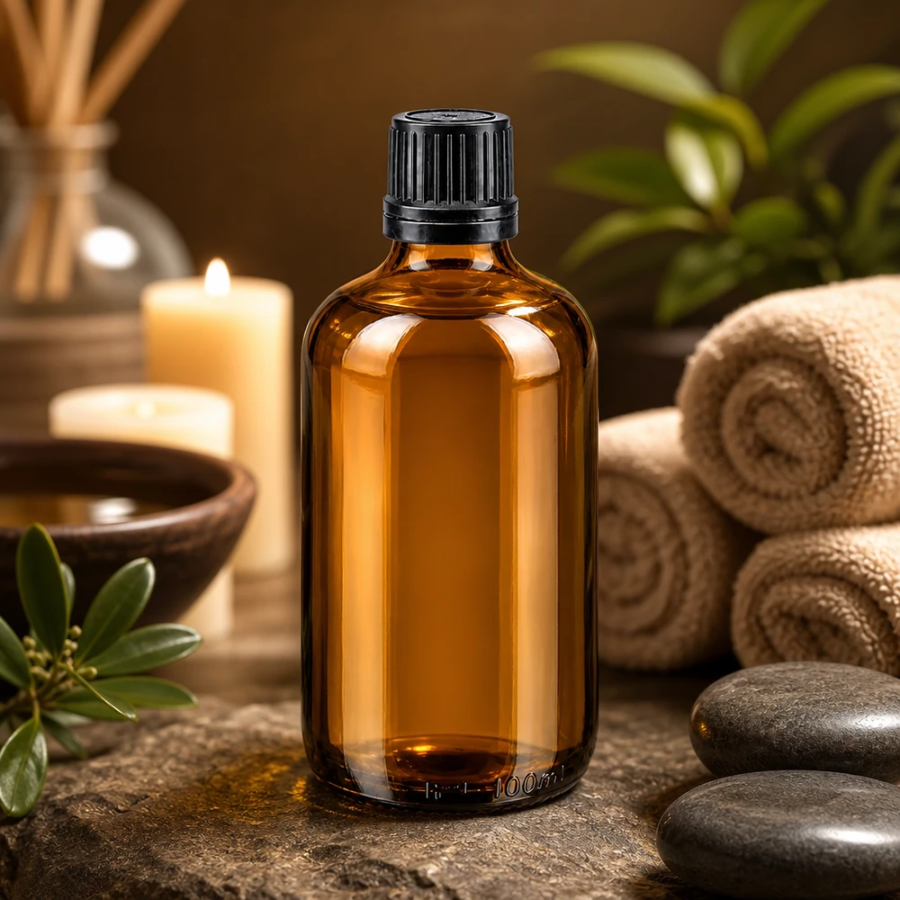 Hoogwaardige bruine glazen fles van 100 ml met een apothekersdop van 8 mm, gevuld met bamboestokjes en planten