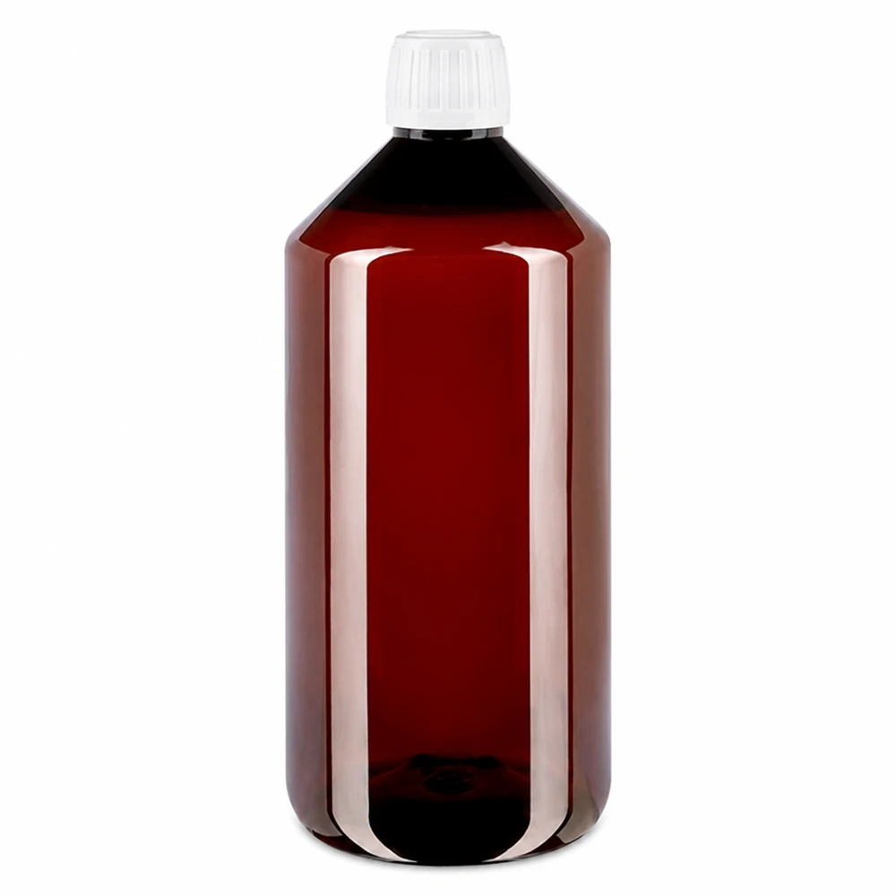 PET Flasche 1000ml mit weissem Standard OV Farmaceutisch flesje van 1000 ml, gemaakt van bruin PET-plastic, met witte originele sluiting, zonder etiket