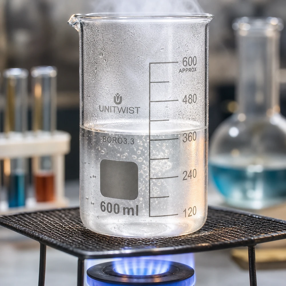 Becherglas 600 ml, hoog model, UNITWIST, borosilicaatglas, met heldere vloeistof bij een vulniveau van 360 ml