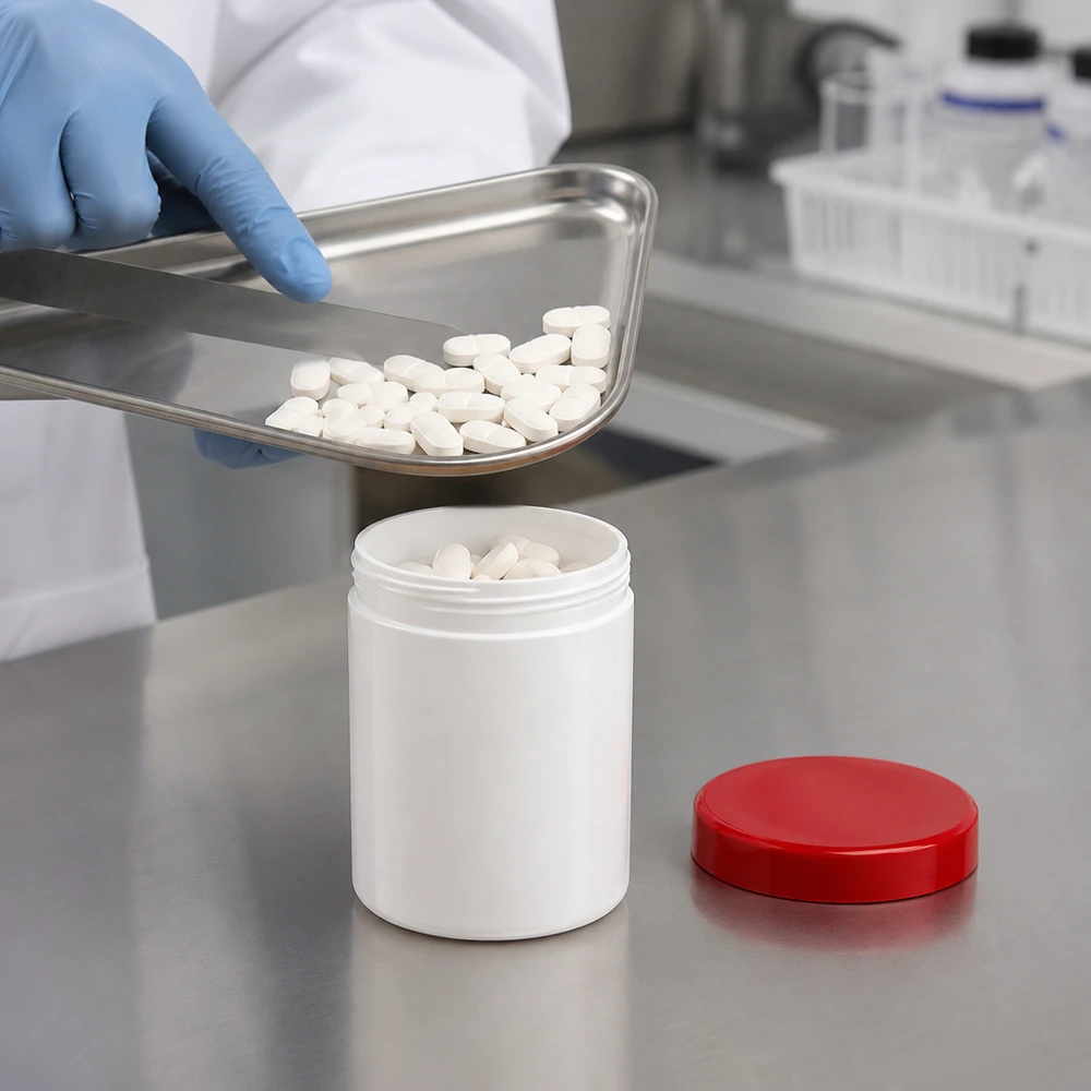 Stevige PP-schroefpot van 200 g met rode deksel, ideaal voor het veilig bewaren van tabletten